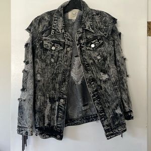 Distressed Black Denim Fringe Jacket